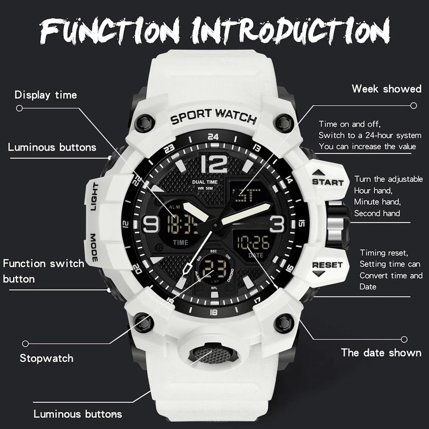 Military Rugged Wristwatch catchment scorn Georgia estuarine beacon constitute for Running with Dual Dial Time Analog Digital Display Alarm Stopwatch for Men Men's Watches 