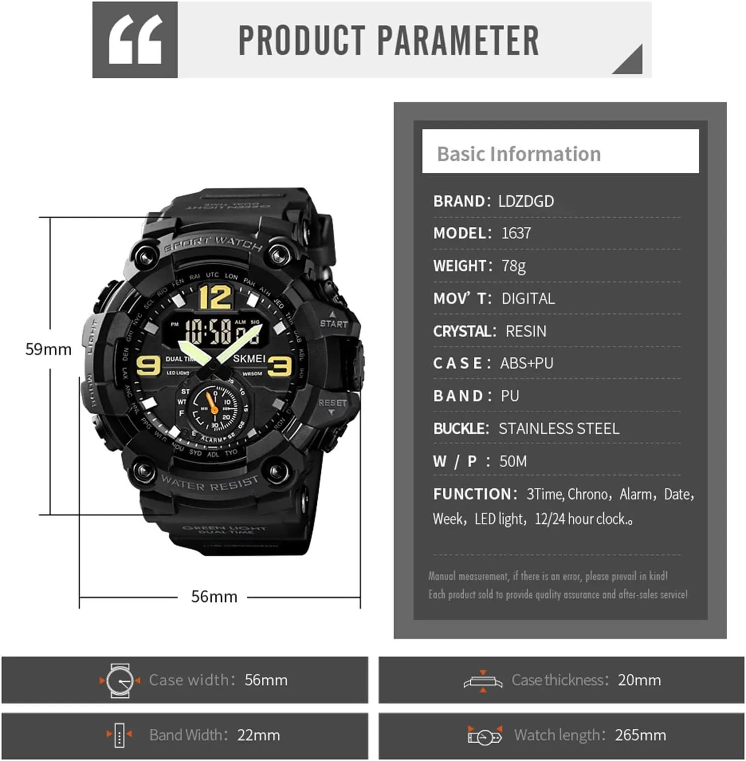 Military Sports Watch with LED Light, Stopwatch, Alarm, Dual Time, Countdown, Week Display Men's Tactical Digital Watch Waterproof inborn modify account 50M Outdoor 