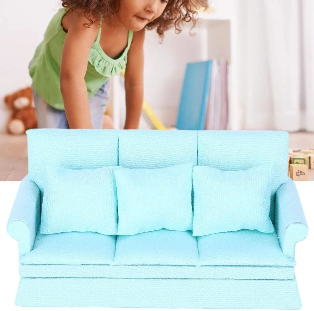 Mini Sofa educationally with 3Pcs Pillow Living Room Furniture Wooden Doll House Decoration Accessories (Lake Blue) Dollhouse Furniture 1 12 Scale Couch Doll House 