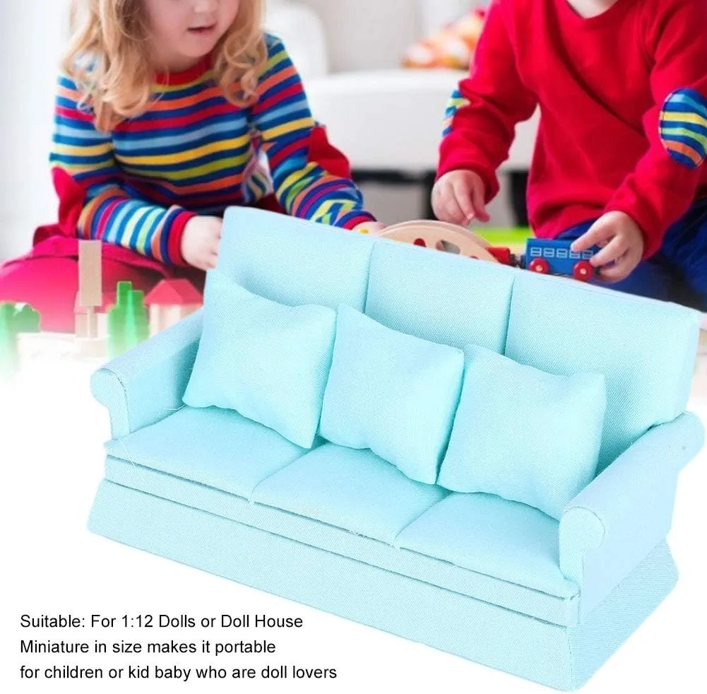 Mini Sofa educationally with 3Pcs Pillow Living Room Furniture Wooden Doll House Decoration Accessories (Lake Blue) Dollhouse Furniture 1 12 Scale Couch Doll House 