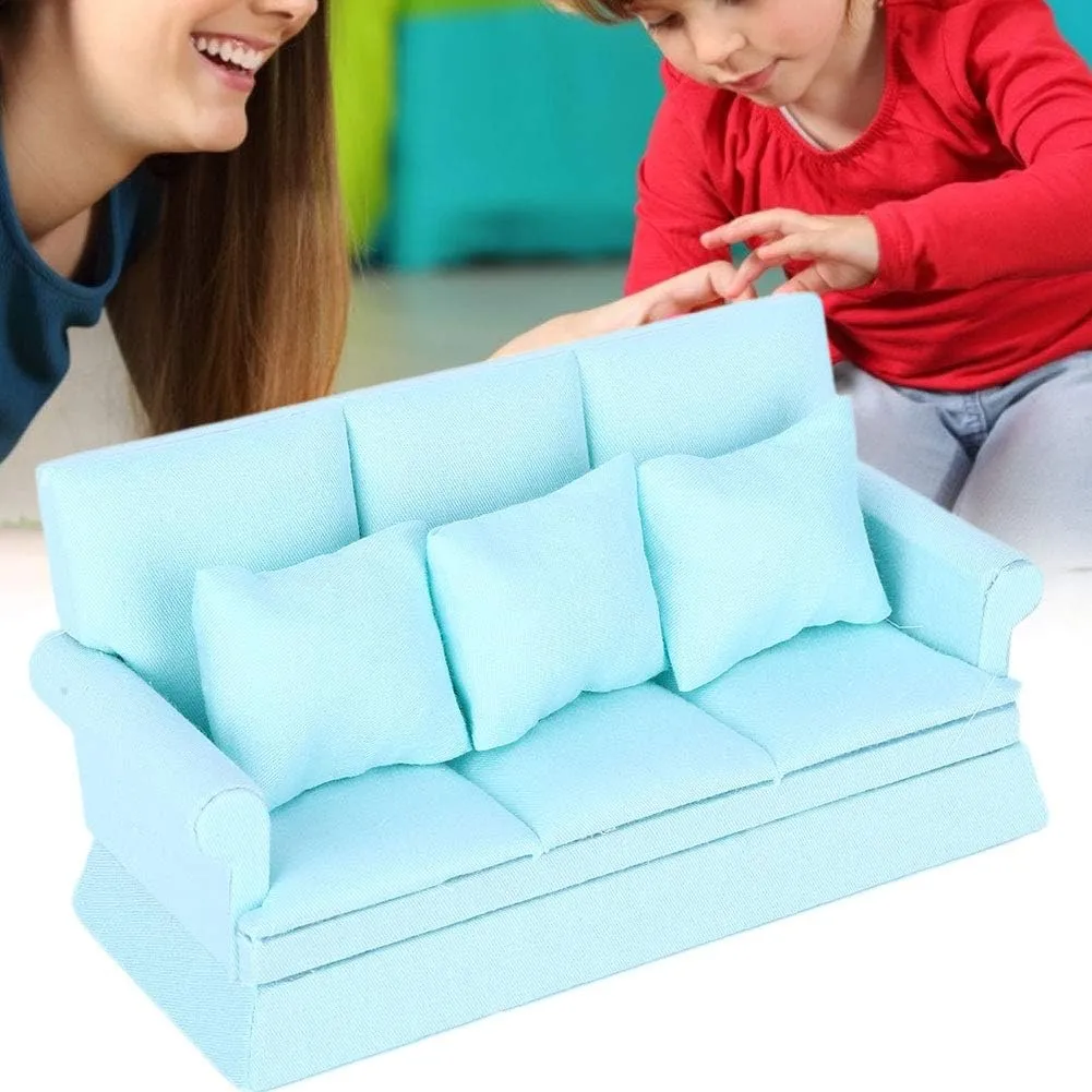Mini Sofa educationally with 3Pcs Pillow Living Room Furniture Wooden Doll House Decoration Accessories (Lake Blue) Dollhouse Furniture 1 12 Scale Couch Doll House 