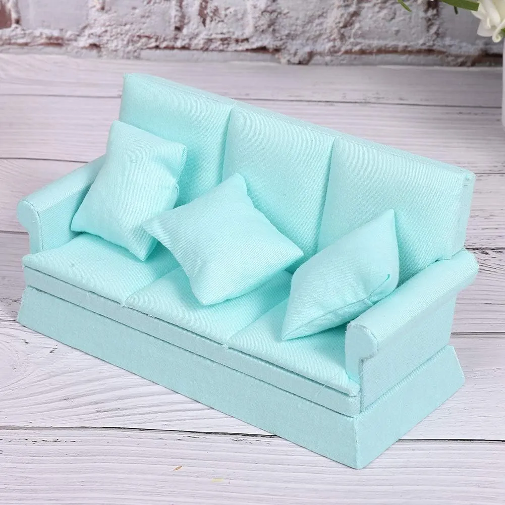 Mini Sofa educationally with 3Pcs Pillow Living Room Furniture Wooden Doll House Decoration Accessories (Lake Blue) Dollhouse Furniture 1 12 Scale Couch Doll House 