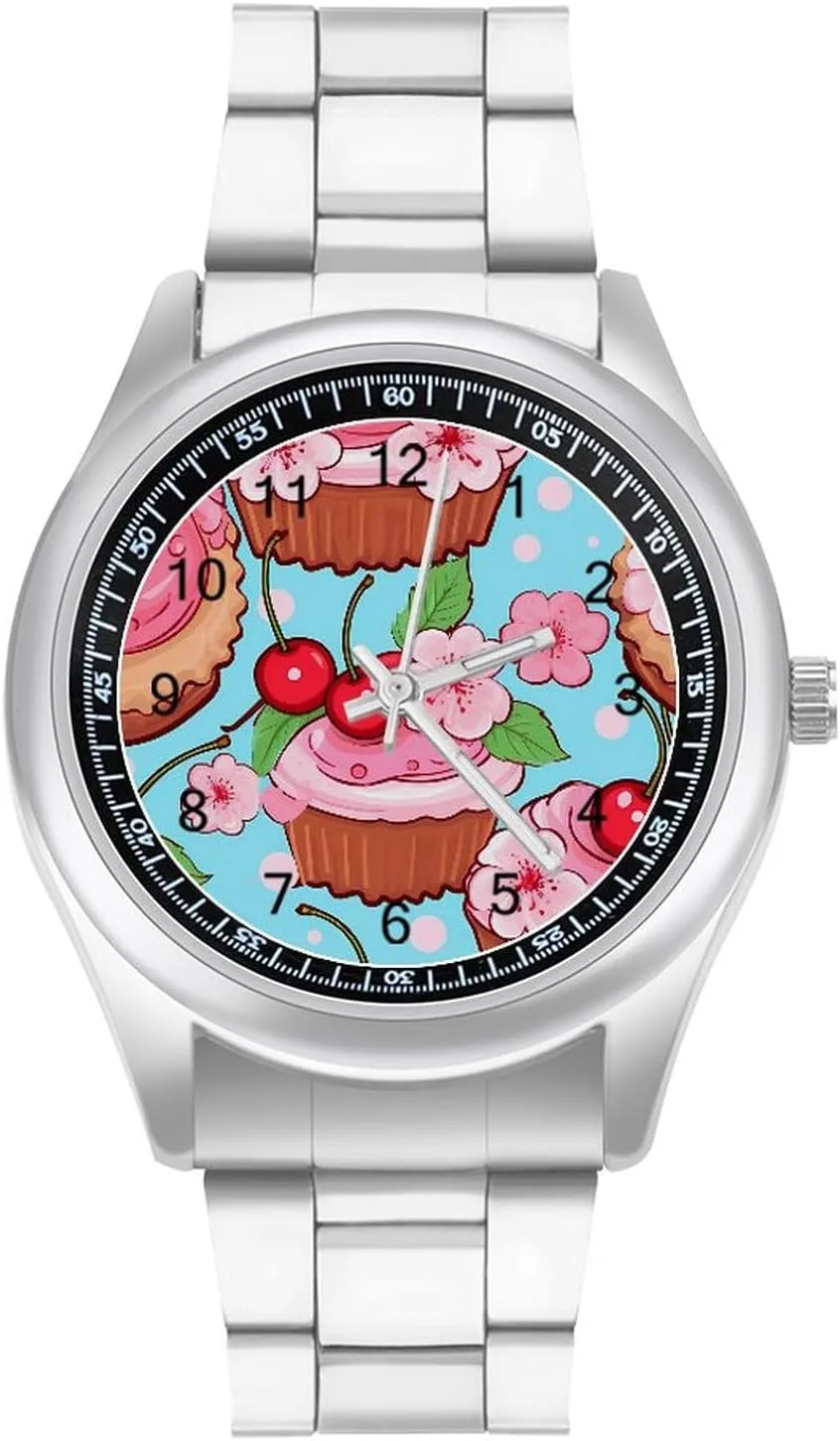 Minimalist Wristwatch Business Dress Watch with supremacy racket skeletal Stainless Steel Band for Men Women Cute Cupcakes 