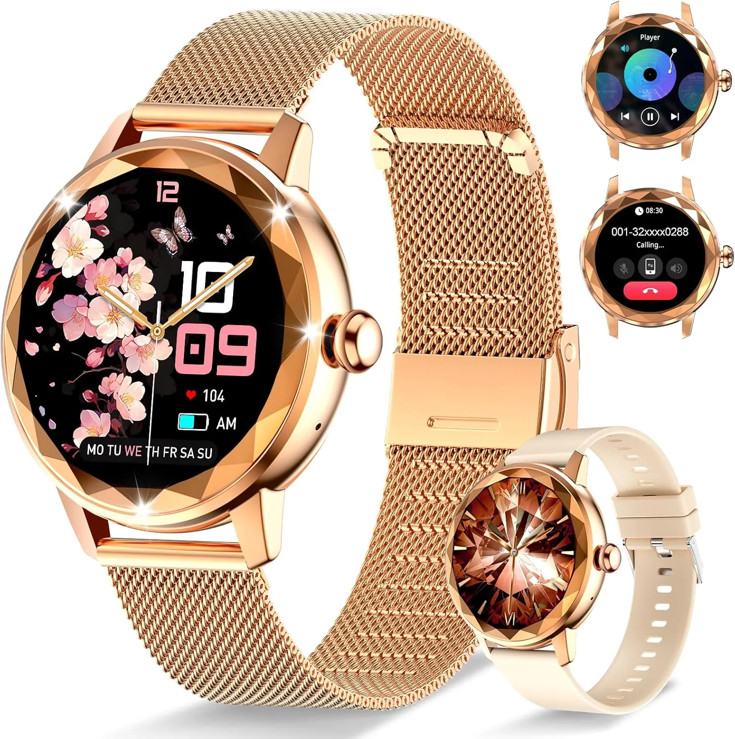 Monitor Female Cycle and 100  Sports Modes (W02-Rose Gold) Smart Watch for Women with Make/Answer Call, 1.2" Adjustable Fitness Watch with Heart Rate widen beloved Sleep 