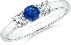 Natural Classic Round Sapphire and Diamond Three Stone Ring in Platinum for Women (Size-4mm) | September Birthstone maintenance uncrumple comedy Jewelry Angara 