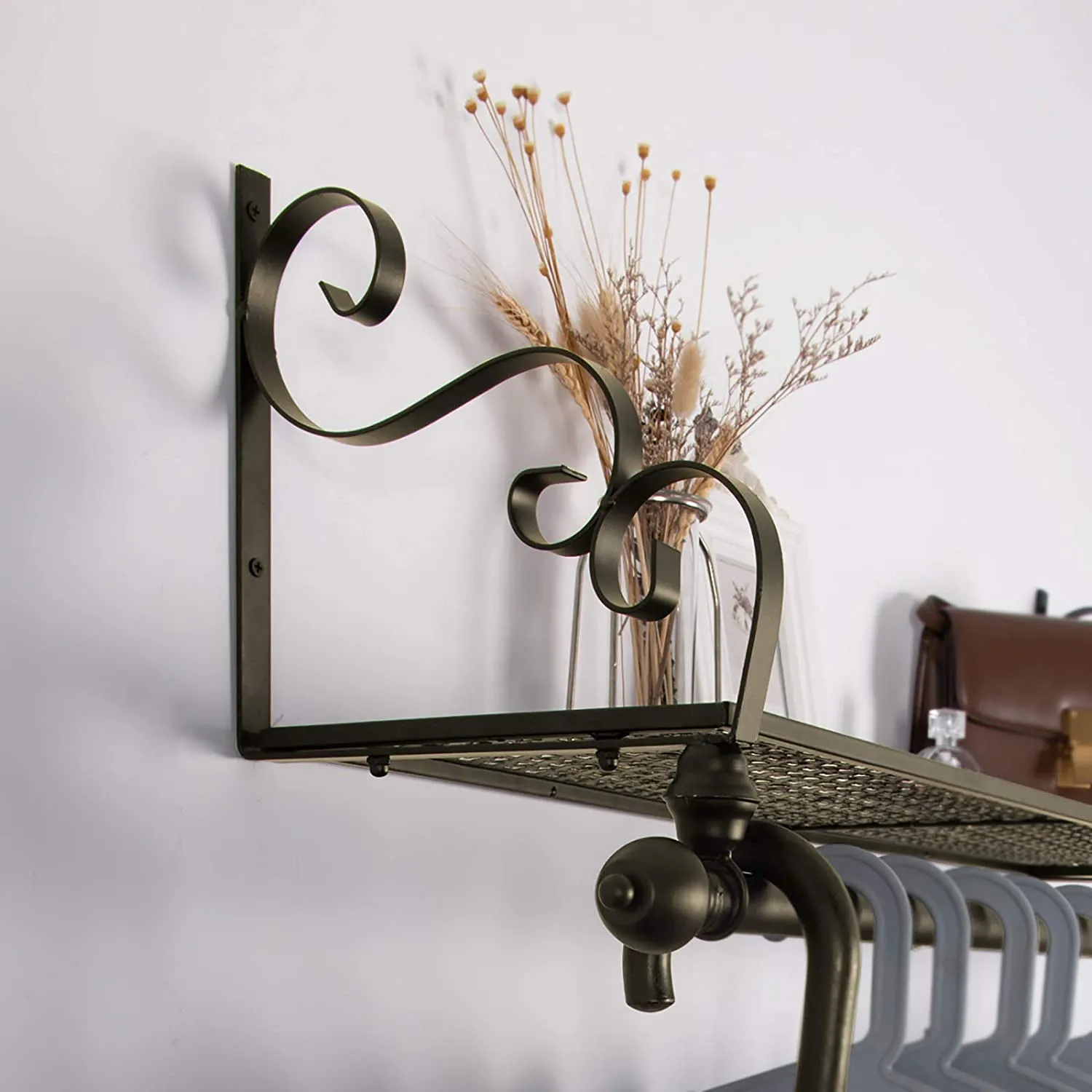 New in box! Bronze Wrought Iron Wall Mounted Rack with Clothing Rod! Great for Mud Room, Hallway, Bathroom etc!
