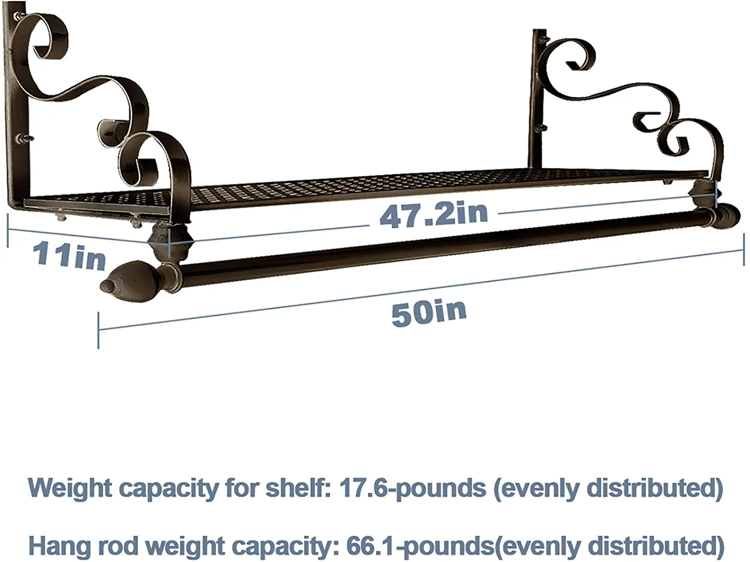 New in box! Bronze Wrought Iron Wall Mounted Rack with Clothing Rod! Great for Mud Room, Hallway, Bathroom etc!