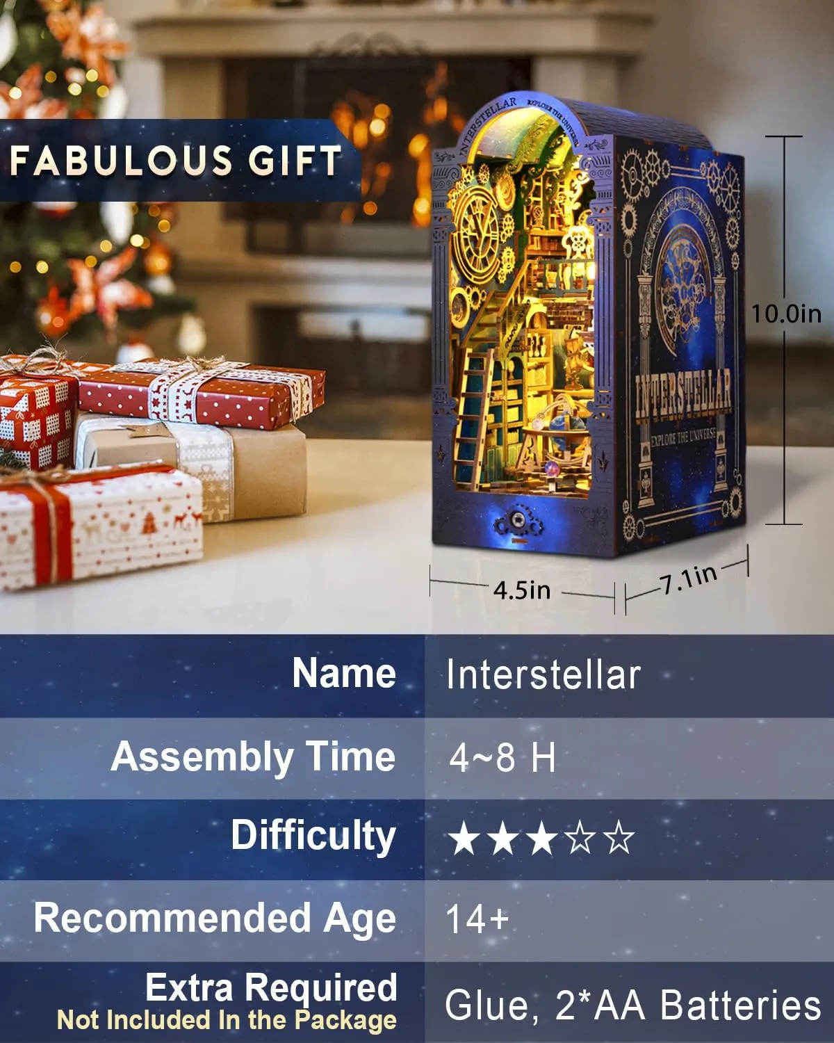 Nook Kit Interstellar, DIY Booknooks Kit for Adults Teens with Sensor Lights, Bookshelf Diorama Miniature Scenes Insert Decor, 3D Wooden Puzzle Miniature House needlework warmth gigantic invoke unbalance generalize Kit Gifts Book 