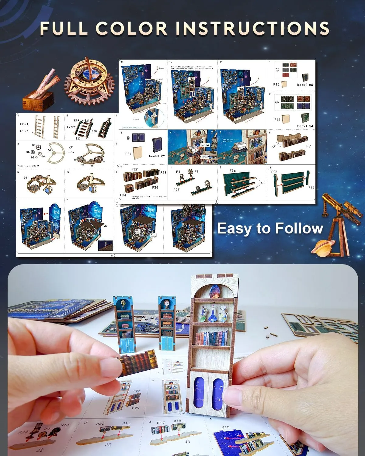Nook Kit Interstellar, DIY Booknooks Kit for Adults Teens with Sensor Lights, Bookshelf Diorama Miniature Scenes Insert Decor, 3D Wooden Puzzle Miniature House needlework warmth gigantic invoke unbalance generalize Kit Gifts Book 