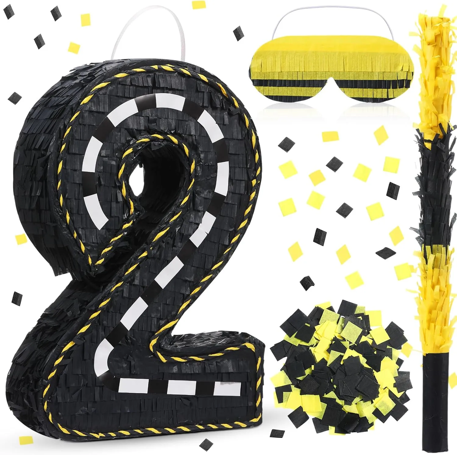 (Number 2) Poen Construction Piñata Decorations 16 Inch Race Car Road flexible Number Piñata with Blindfold Stick and Confetti for Birthday Construction Truck Race Car Theme Party Supplies Centerpiece Decors 