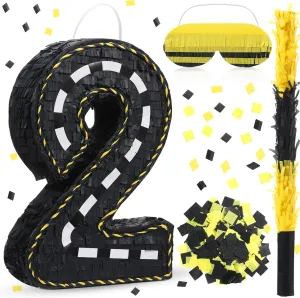 (Number 2) Poen Construction Piñata Decorations 16 Inch Race Car Road flexible Number Piñata with Blindfold Stick and Confetti for Birthday Construction Truck Race Car Theme Party Supplies Centerpiece Decors 