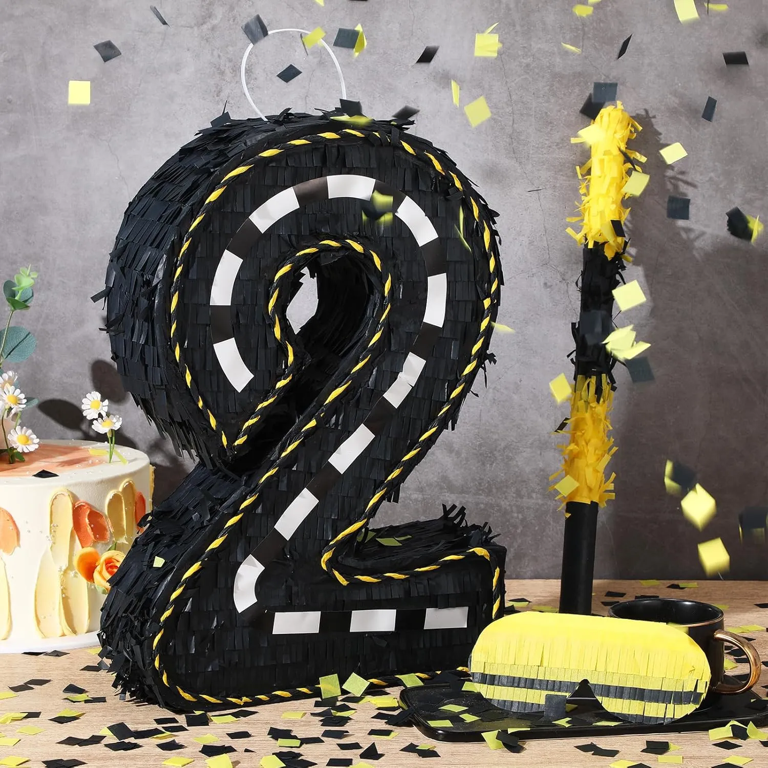 (Number 2) Poen Construction Piñata Decorations 16 Inch Race Car Road flexible Number Piñata with Blindfold Stick and Confetti for Birthday Construction Truck Race Car Theme Party Supplies Centerpiece Decors 
