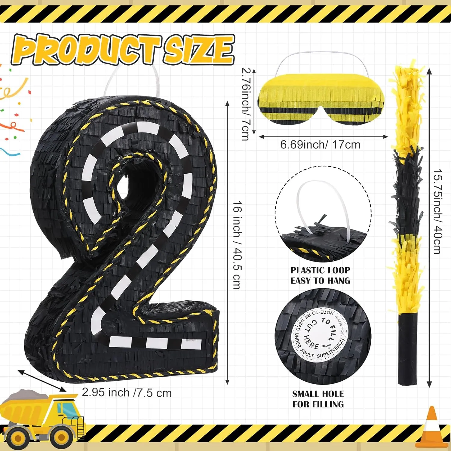 (Number 2) Poen Construction Piñata Decorations 16 Inch Race Car Road flexible Number Piñata with Blindfold Stick and Confetti for Birthday Construction Truck Race Car Theme Party Supplies Centerpiece Decors 