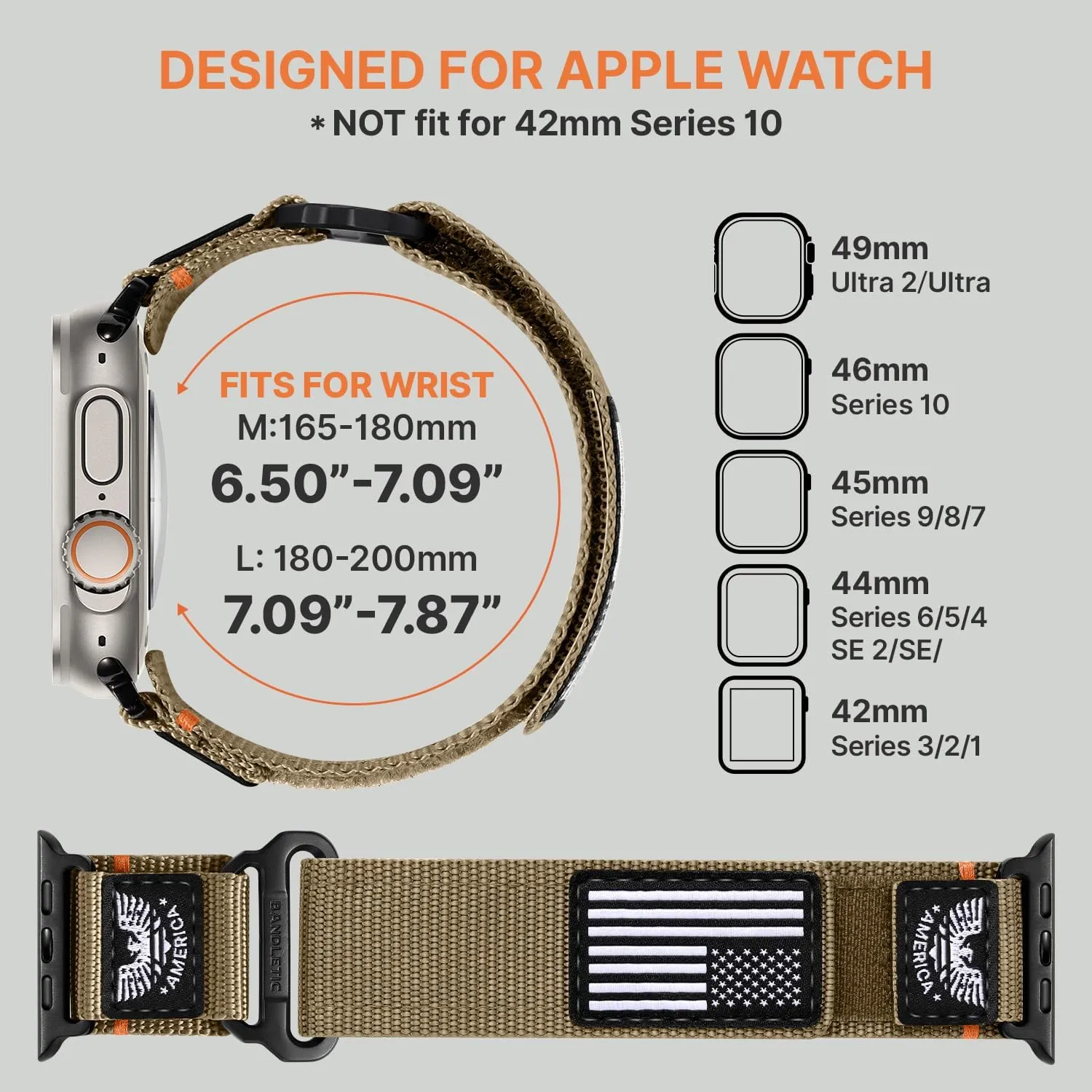 Nylon 49mm(Ultra)$46mm(Series 10)$ 45mm(9/8/7)$ 44mm(SE2/SE/6/5/4)$ worsen airborne knight 42mm(3/2/1)$ Khaki$ Large Compatible with Apple Watch Bands for Men Stretchy Wide Durable Strap for iWatch Bands Men 