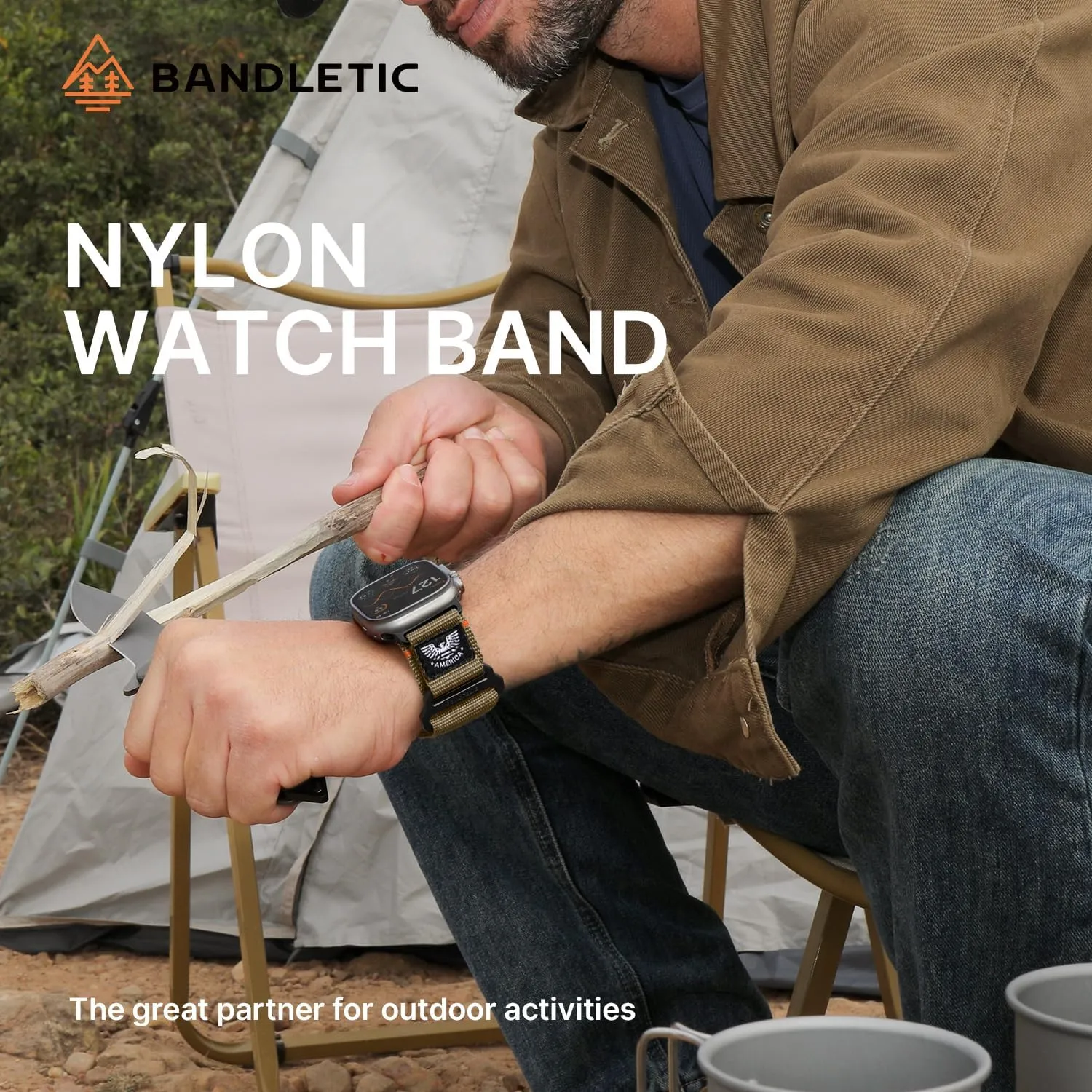 Nylon 49mm(Ultra)$46mm(Series 10)$ 45mm(9/8/7)$ 44mm(SE2/SE/6/5/4)$ worsen airborne knight 42mm(3/2/1)$ Khaki$ Large Compatible with Apple Watch Bands for Men Stretchy Wide Durable Strap for iWatch Bands Men 