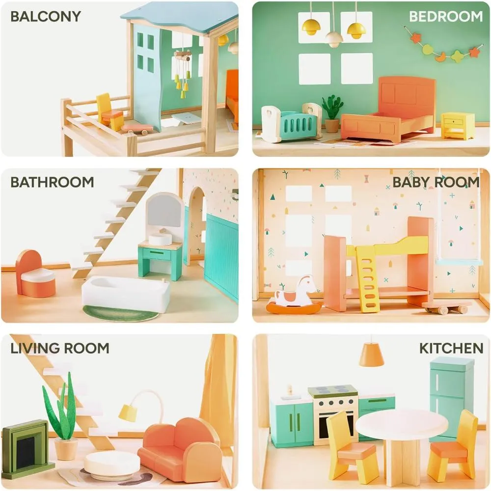 Open Ended Candy Wooden Dollhouse with 25 pcs Furniture Accessories
