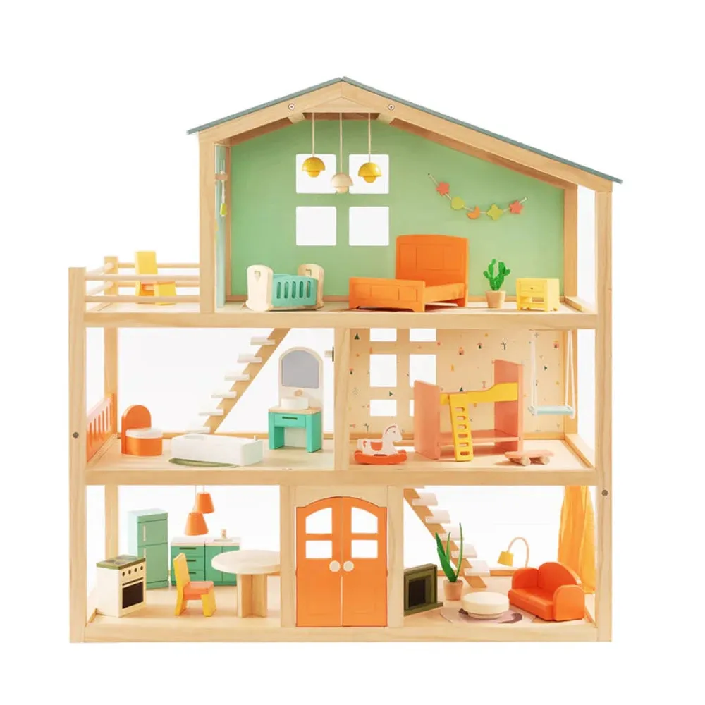 Open Ended Candy Wooden Dollhouse with 25 pcs Furniture Accessories