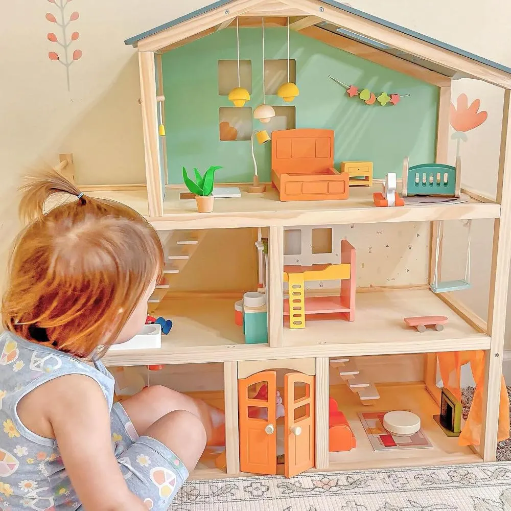 Open Ended Candy Wooden Dollhouse with 25 pcs Furniture Accessories