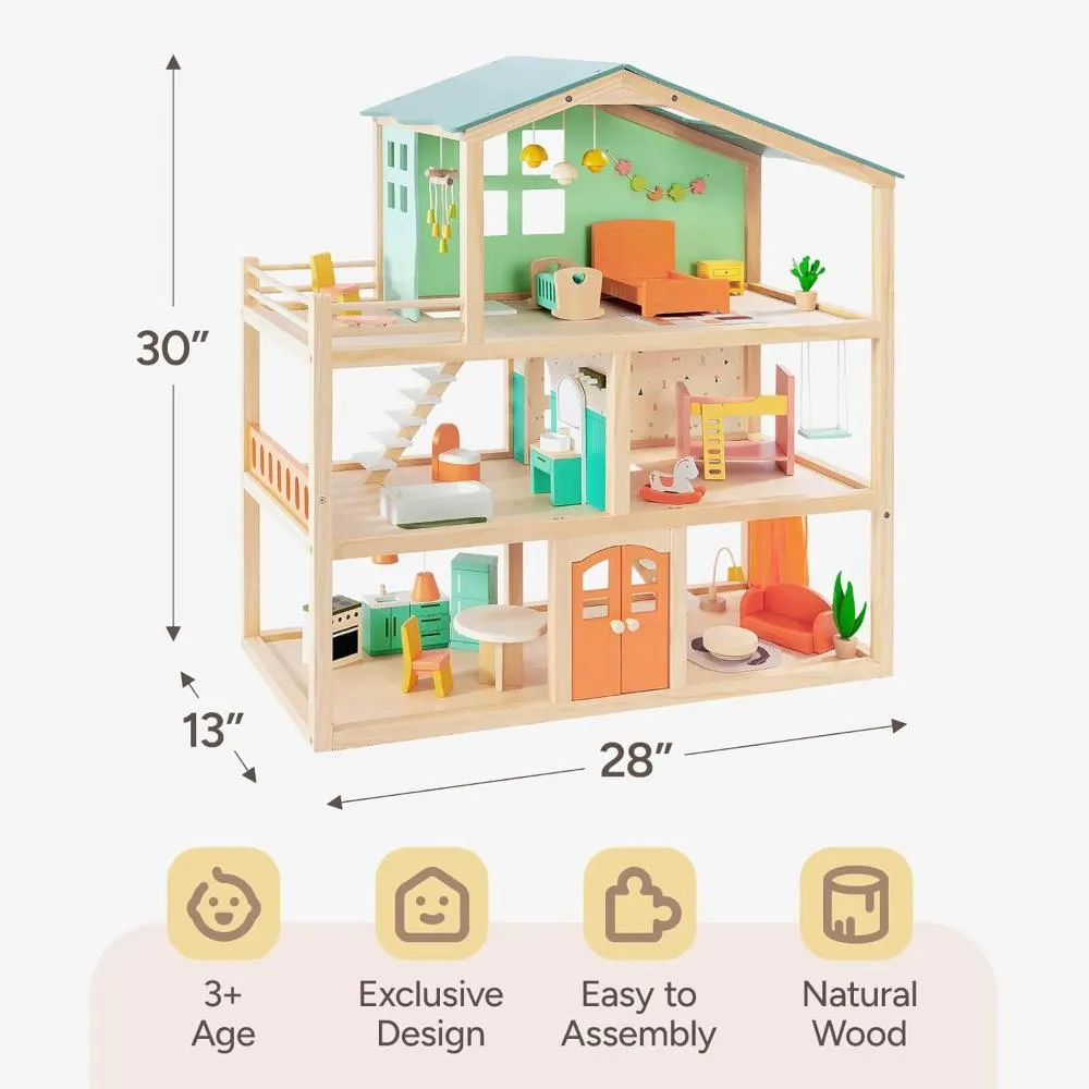 Open Ended Candy Wooden Dollhouse with 25 pcs Furniture Accessories