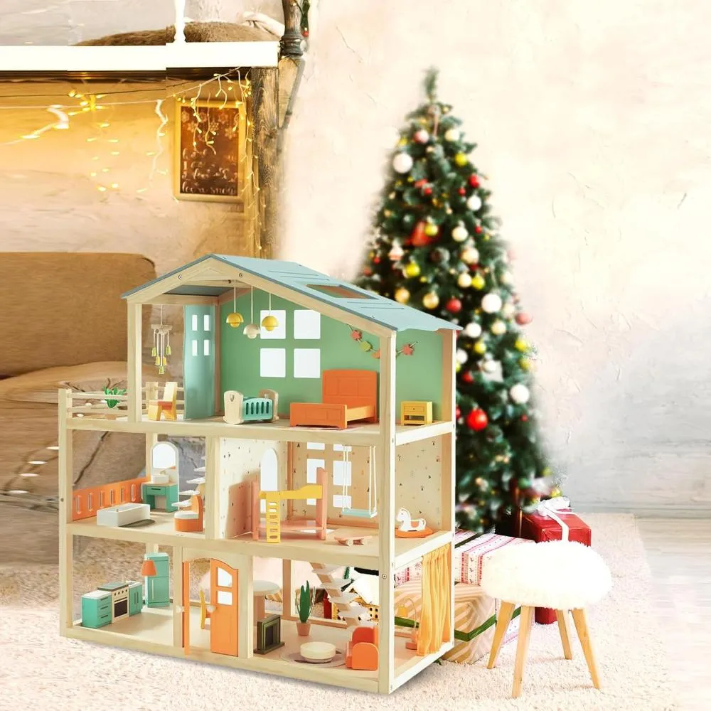 Open Ended Candy Wooden Dollhouse with 25 pcs Furniture Accessories