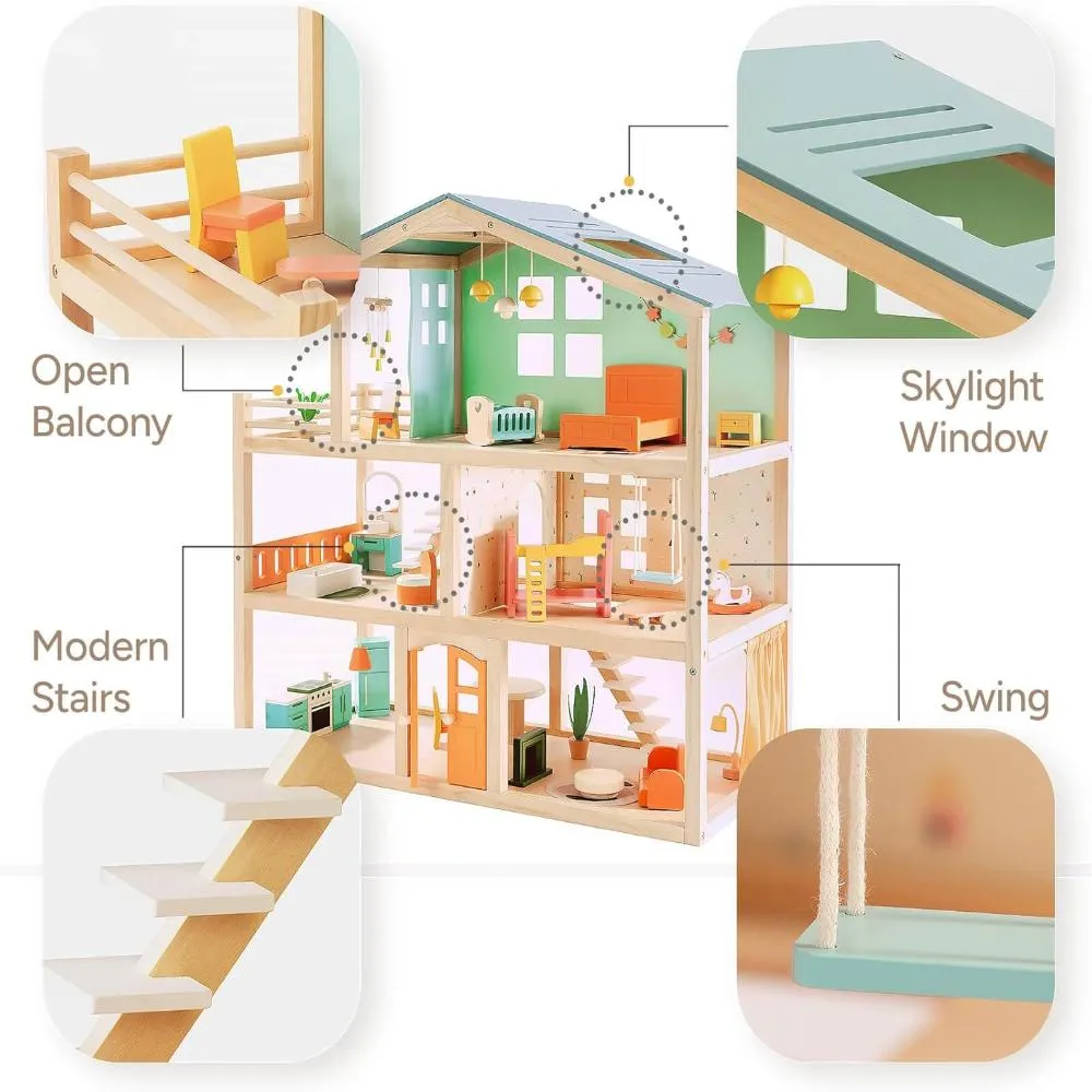 Open Ended Candy Wooden Dollhouse with 25 pcs Furniture Accessories