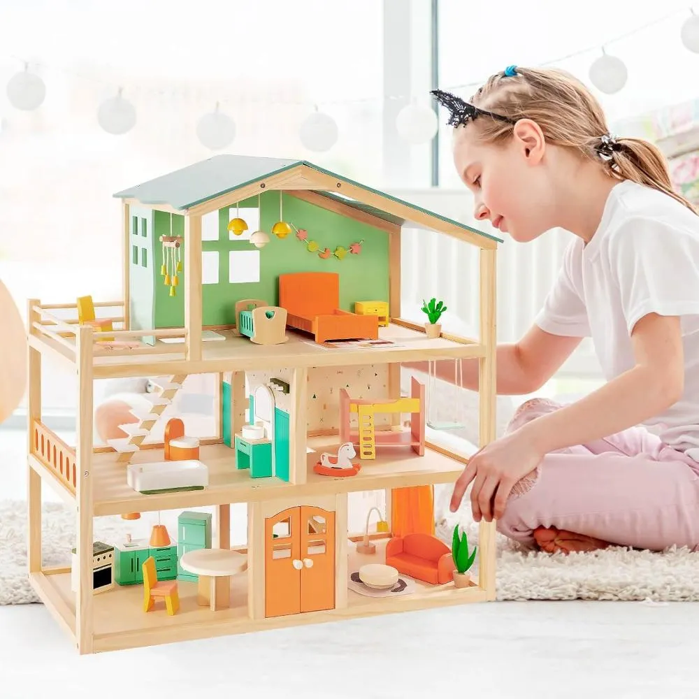 Open Ended Candy Wooden Dollhouse with 25 pcs Furniture Accessories
