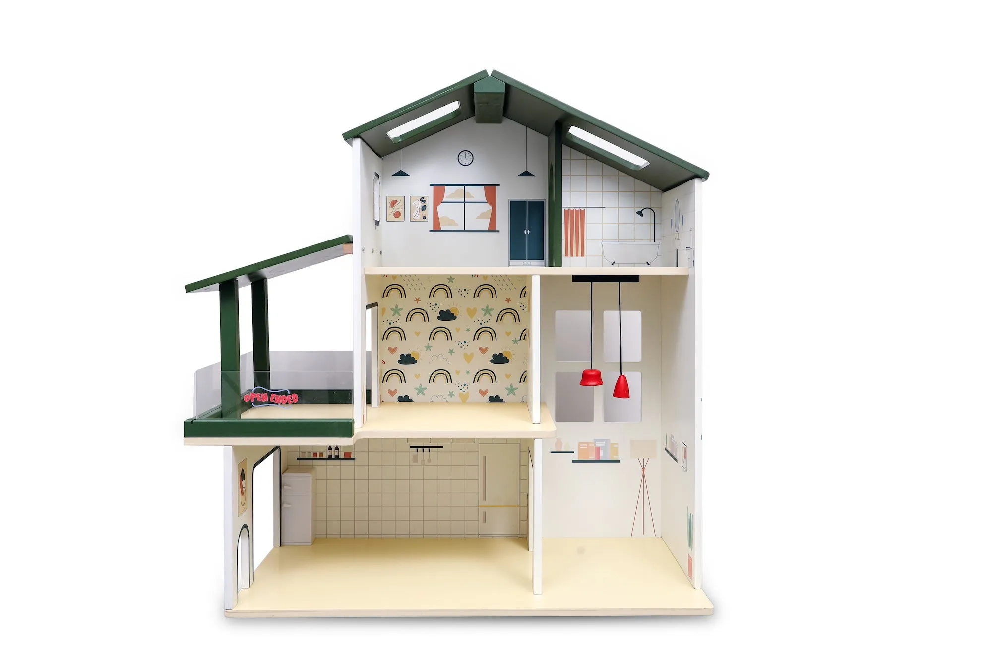 Open Ended Wooden Dollhouse - Modern Villa  (31 pcs furniture including 4 doll figures included)