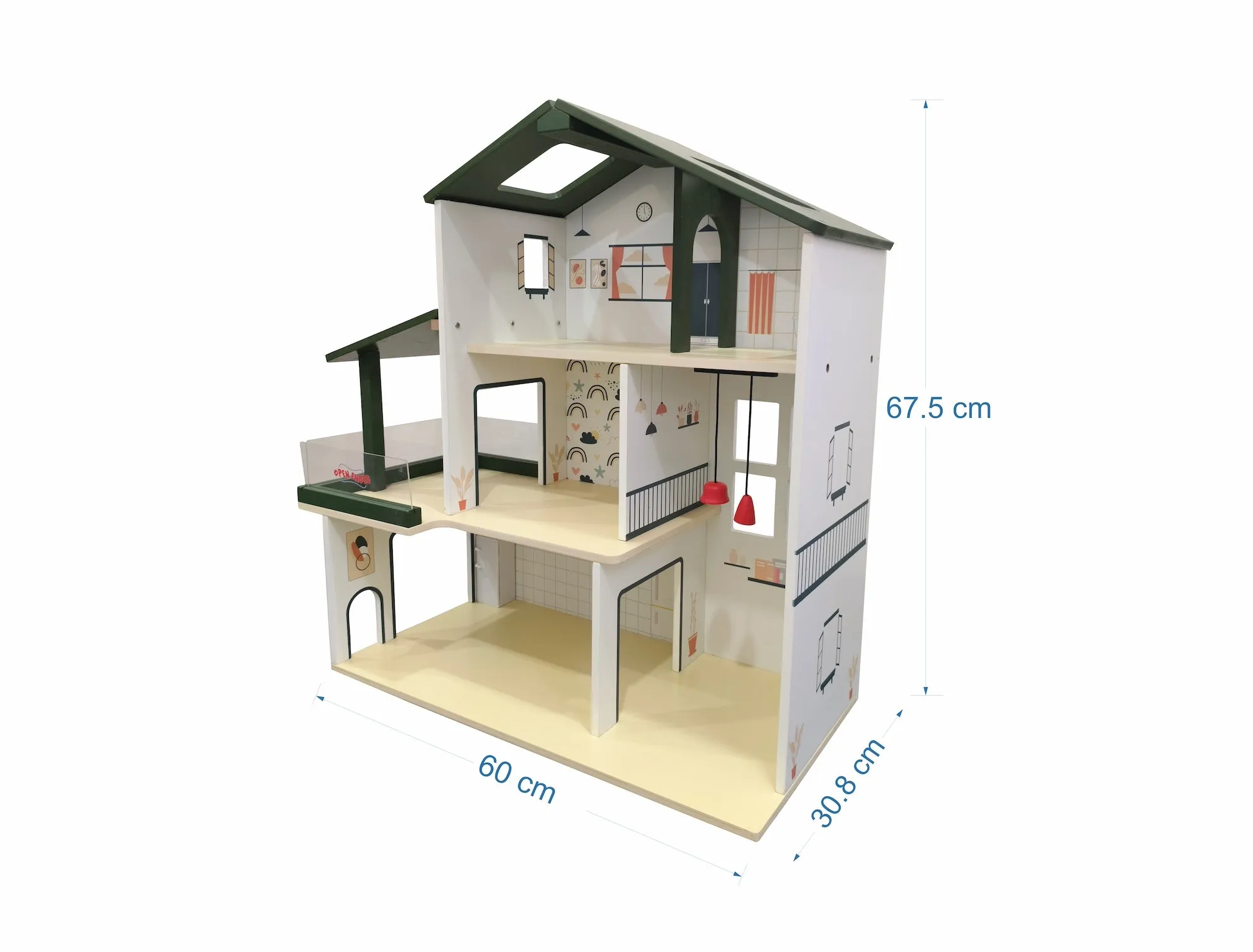 Open Ended Wooden Dollhouse - Modern Villa  (31 pcs furniture including 4 doll figures included)