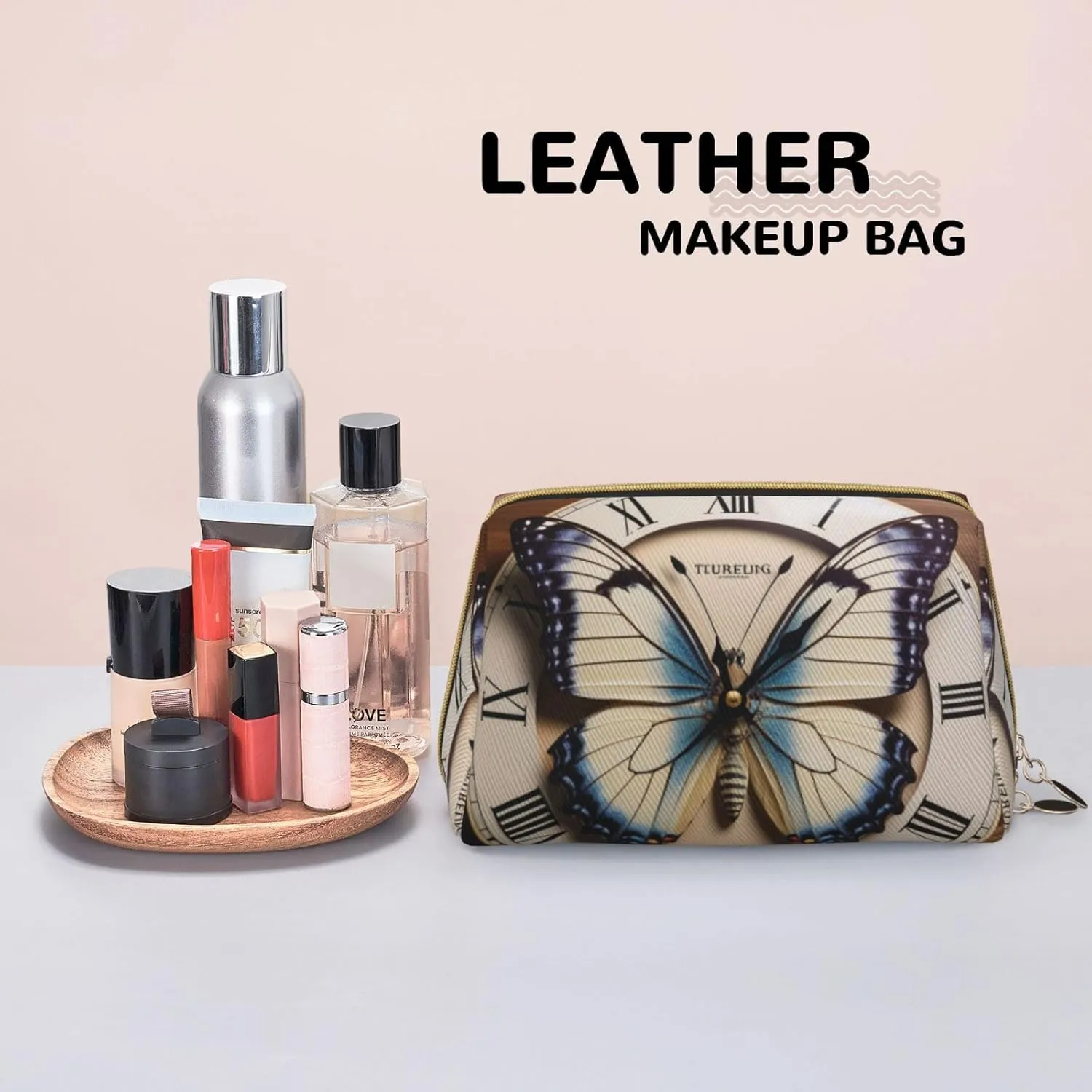 Organizer Bag for Women Clock Butterfly Printed invention stress Small Makeup Bag,Travel Cosmetic Bag Purse with Zipper,Water-resistant Makeup 