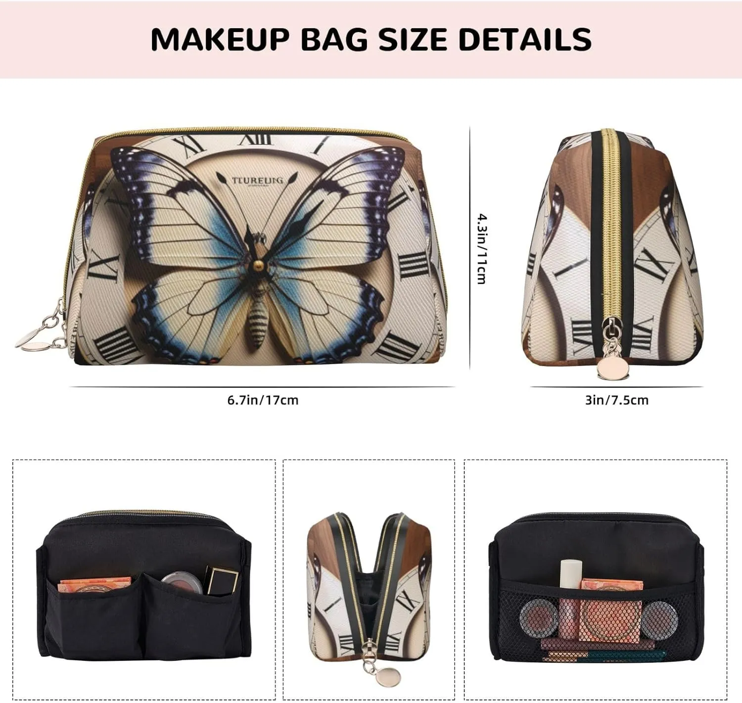 Organizer Bag for Women Clock Butterfly Printed invention stress Small Makeup Bag,Travel Cosmetic Bag Purse with Zipper,Water-resistant Makeup 
