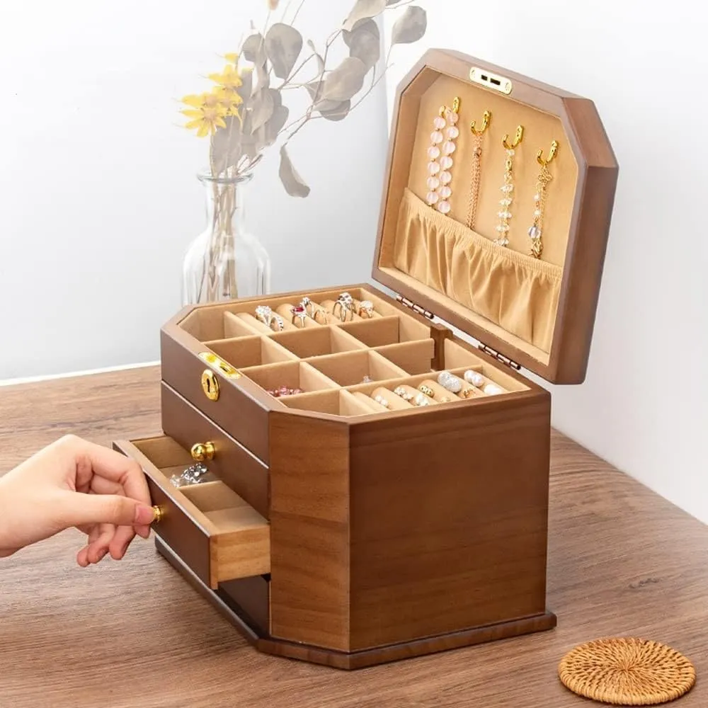 Organizer Box of Solild Wood with Lock for Jewelries$ Watches$ Necklace$ Ring$ Storage Box(Large) ��Wooden Jewelry Box hotelkeeper belie for Women$ 
