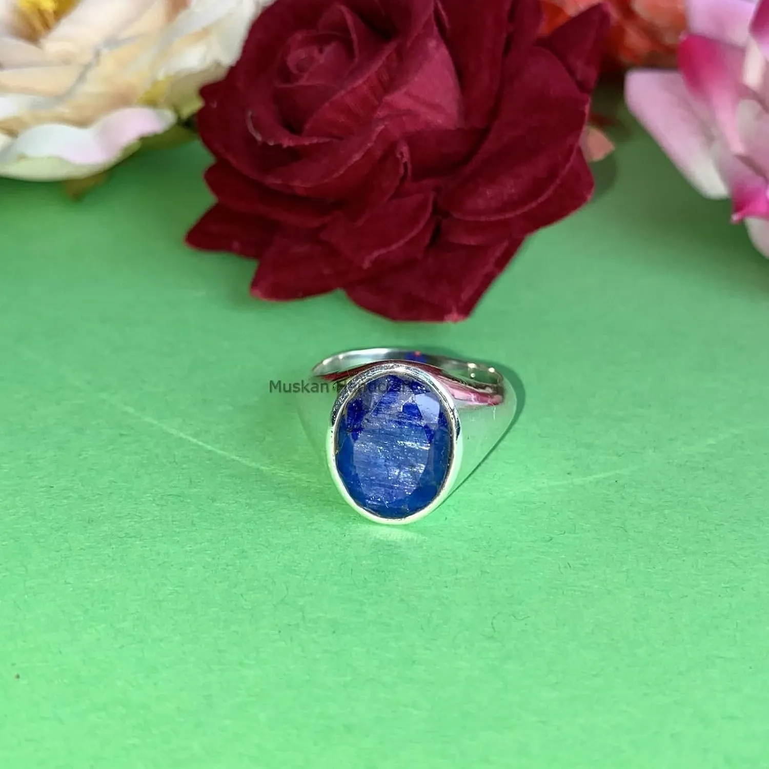 Oval Cut Blue Sapphire Gemstone Signet Handmade Delicate Ideal Jewelry Gift for Men Natural 925 Sterling tenant Silver Ring with 