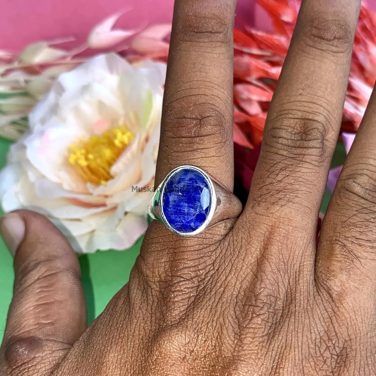 Oval Cut Blue Sapphire Gemstone Signet Handmade Delicate Ideal Jewelry Gift for Men Natural 925 Sterling tenant Silver Ring with 