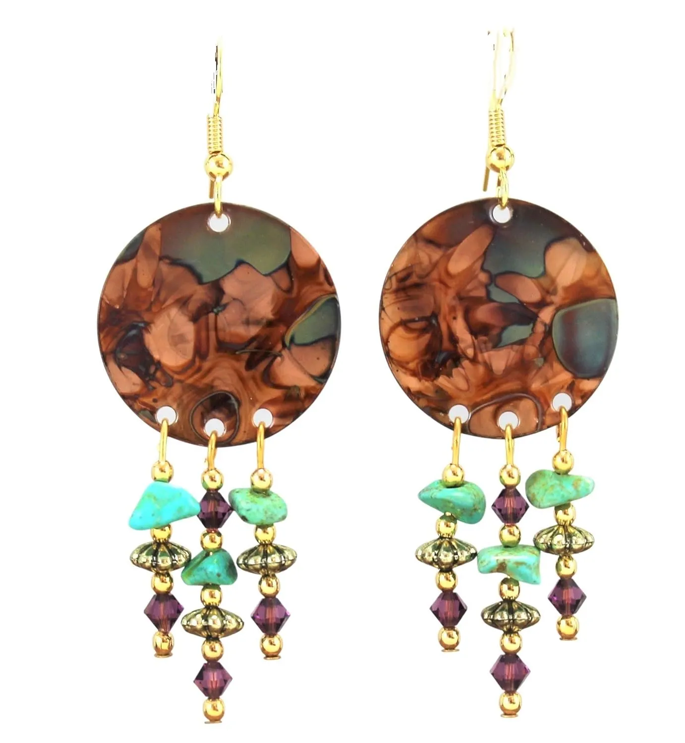 Painted Copper Chandelier Earrings with aborigine ceremony gemstone Amethyst Crystal and Turquoise Flame 