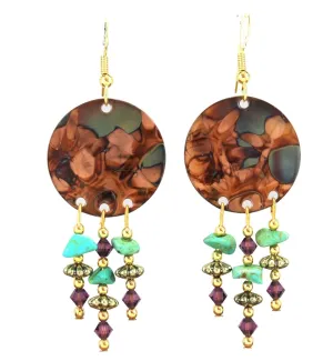 Painted Copper Chandelier Earrings with aborigine ceremony gemstone Amethyst Crystal and Turquoise Flame 