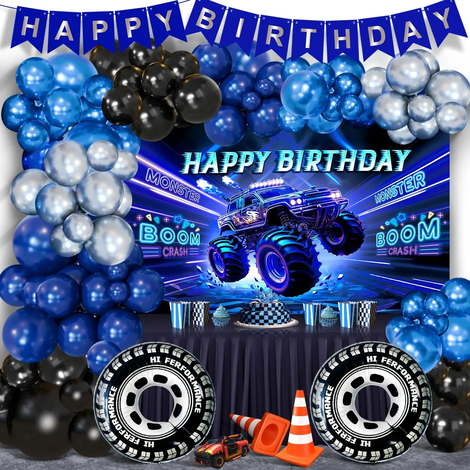 Party Supplies Balloon Garland Arch blacken Kit Large Wheel Foil Balloon Monster Truck Birthday Banner Backdrop Monster Truck Birthday Party Decorations Monster Truck Theme 