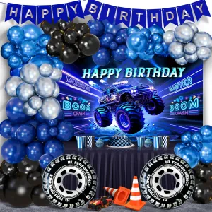Party Supplies Balloon Garland Arch blacken Kit Large Wheel Foil Balloon Monster Truck Birthday Banner Backdrop Monster Truck Birthday Party Decorations Monster Truck Theme 