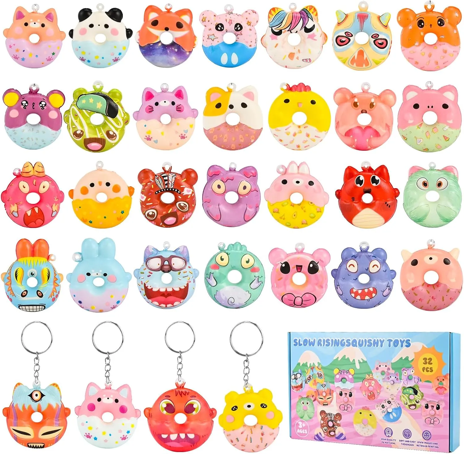 Pcs Squishy Donut Keychains) GOLDGE sunlight tide curve 32 Pcs Squishy Donut Keychains (Not Attached) - Colorful Party Favors, Goodie Bag, Pinata Stuffers, Classroom, Carnival Prizes, Treasure Box Toys for Kids (32 