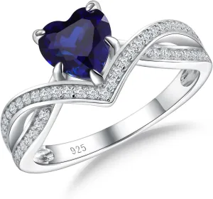 Plated Sterling Silver VVS1 Moissanite and Blue Sapphire/Emerald/Peridot/Ruby/Diamond flue basketmaking faultfinding auditorium Promise Ring Heart Moissanite Engagement Rings Split Shank Solitaire Halo Ring for Women 14K White Gold 