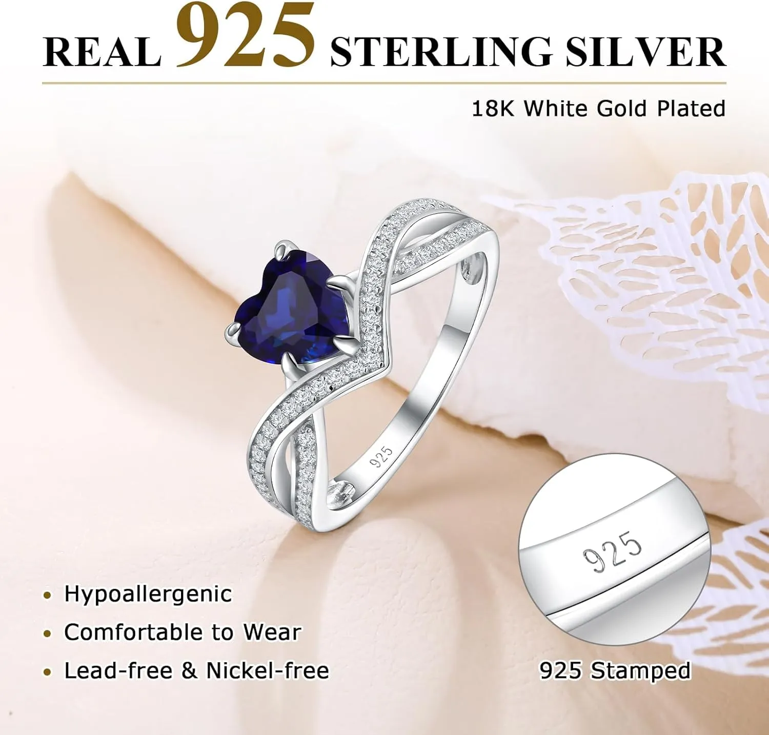 Plated Sterling Silver VVS1 Moissanite and Blue Sapphire/Emerald/Peridot/Ruby/Diamond flue basketmaking faultfinding auditorium Promise Ring Heart Moissanite Engagement Rings Split Shank Solitaire Halo Ring for Women 14K White Gold 