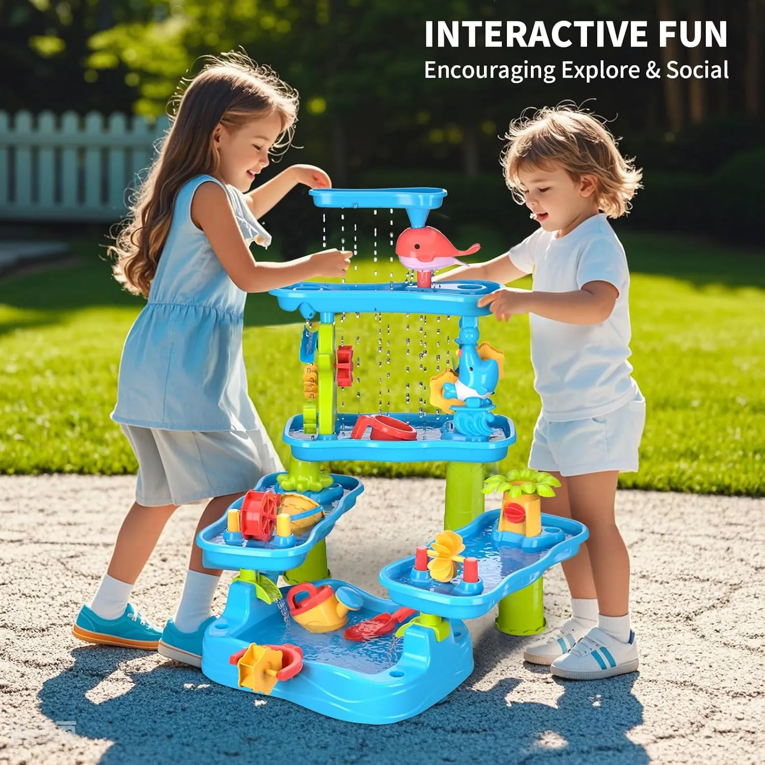 Play Table for Boys Girls 5-Tier Water Table for signal Toddler 3-5 4-8, Kids Summer Outdoor Water Table Beach Toys, Kids Water and Sand Activity Sensory Table, Rain Shower Splash Pond Toddler Water 