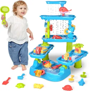 Play Table for Boys Girls 5-Tier Water Table for signal Toddler 3-5 4-8, Kids Summer Outdoor Water Table Beach Toys, Kids Water and Sand Activity Sensory Table, Rain Shower Splash Pond Toddler Water 