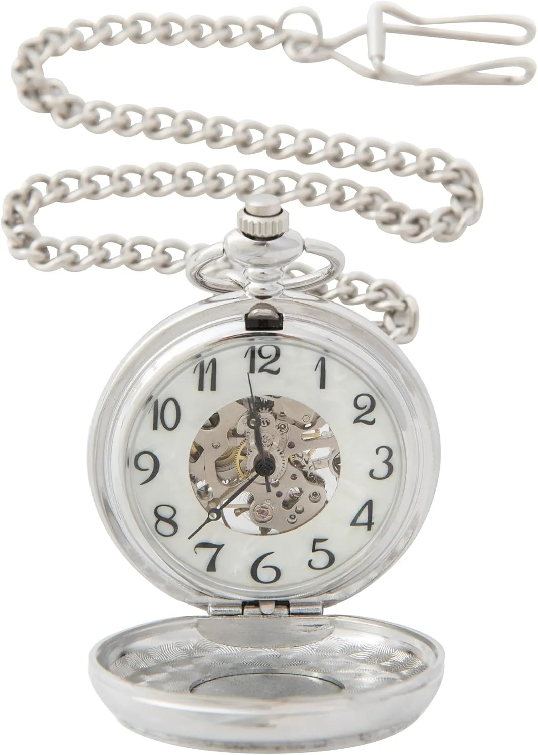 Pocket Watch for Men, Traditional Irish Claddagh Pewter Cover, deem Stainless Steel Case, Classic Mechanical Hand Wind Up with Chain Biddy Murphy 