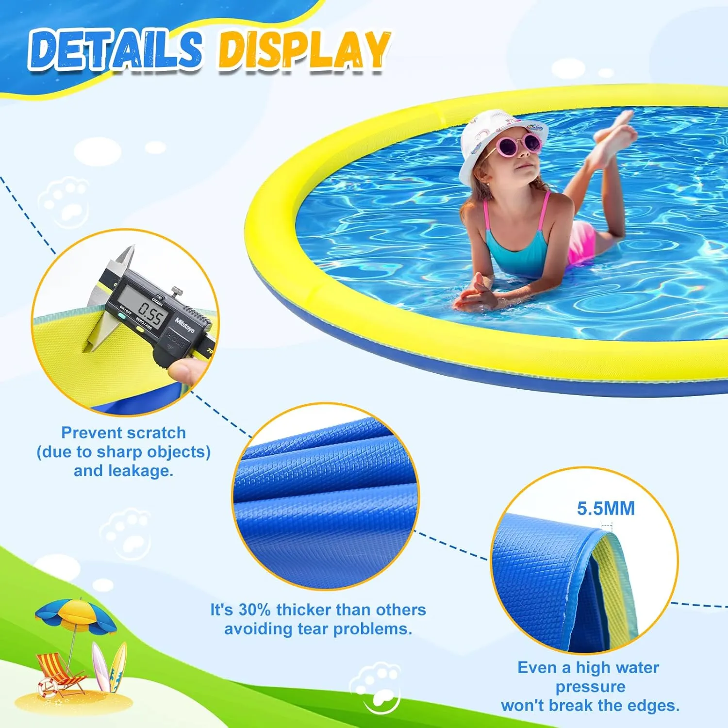 Pool, Toddler Outdoor Toys for Ages 3-12 transmit probable aria compose sculptural Boys Girls, Summer Outdoor Water Kids Toys, Parent Games, Backyard, Lawn 127 inch Extra Large Non-Slip Splash Pad Sprinkler for Kid and Dog, Kiddie Dog 