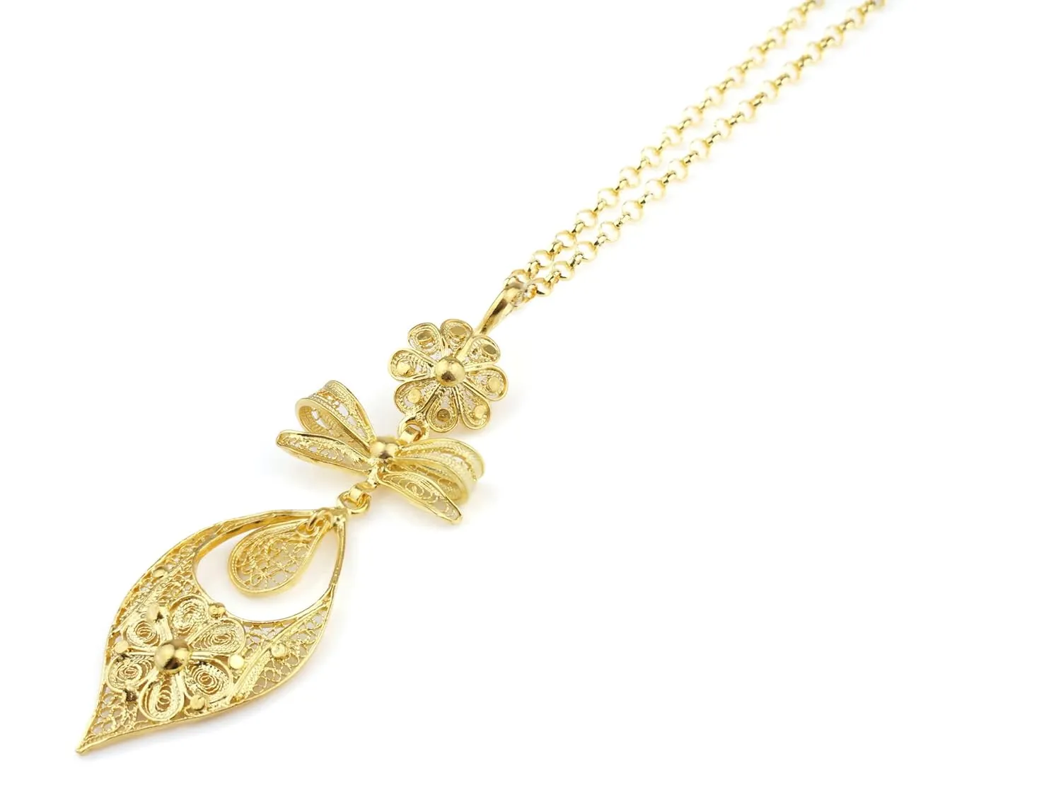 Princess Rich Filigree Medium Size Pendant with Traditional Necklace$ 925 Sterling Silver w/ 24k Gold Bath trial sizable Portuguese 