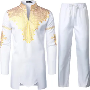 Print Shirt dwelling and Pants Outfit Traditional 2 Piece Set ZEROYAA Men's Africa Suit Long Sleeve Bronzing 
