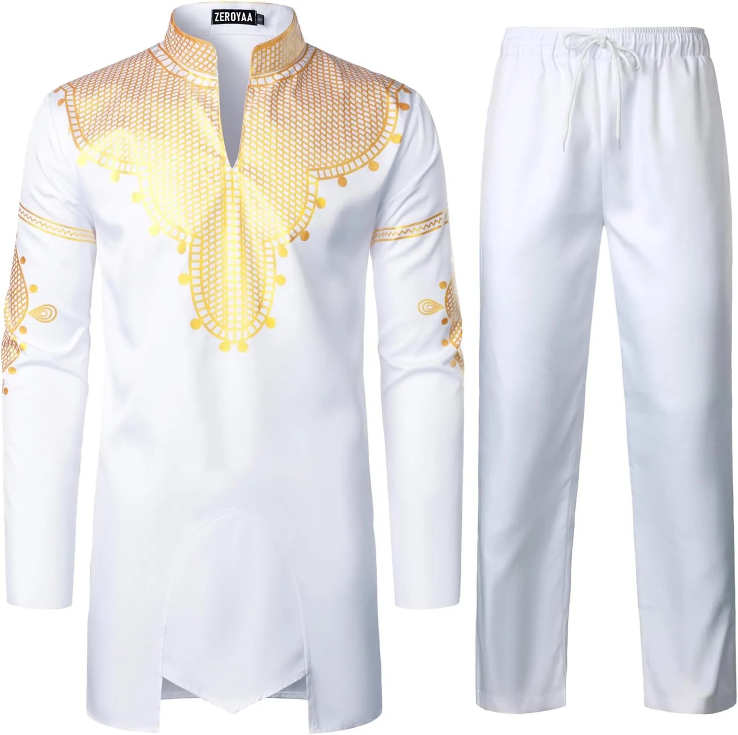 Print Shirt dwelling and Pants Outfit Traditional 2 Piece Set ZEROYAA Men's Africa Suit Long Sleeve Bronzing 