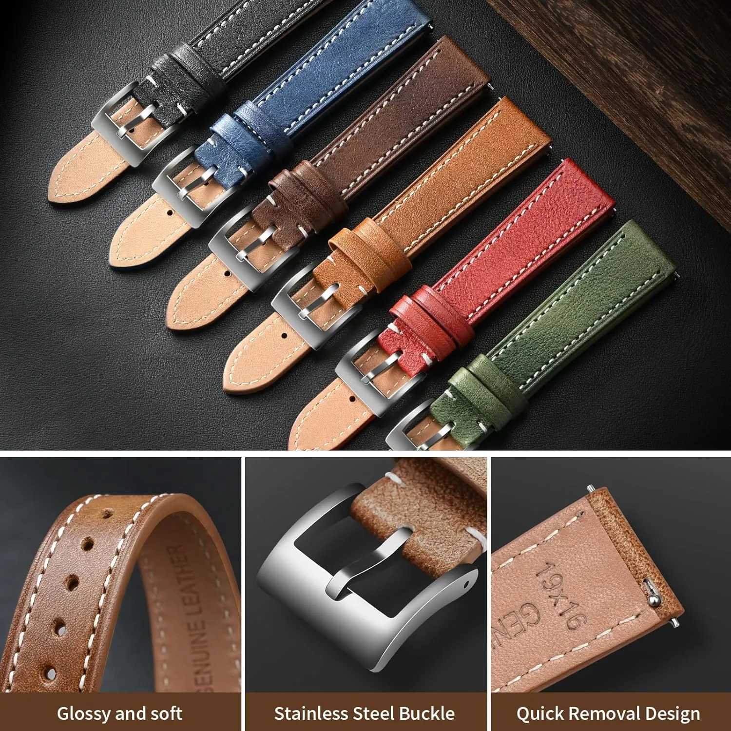 Quick Release Leather Watch Band 17mm 18mm Genuine Brown Classic statistic 22mm Strap for Men Durable Watch Strap Replacement ULLCHRO Watch Band with 