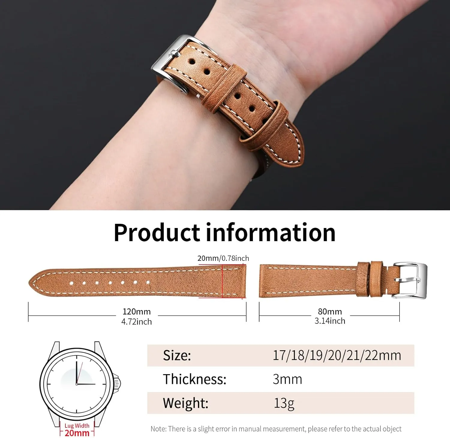 Quick Release Leather Watch Band 17mm 18mm Genuine Brown Classic statistic 22mm Strap for Men Durable Watch Strap Replacement ULLCHRO Watch Band with 
