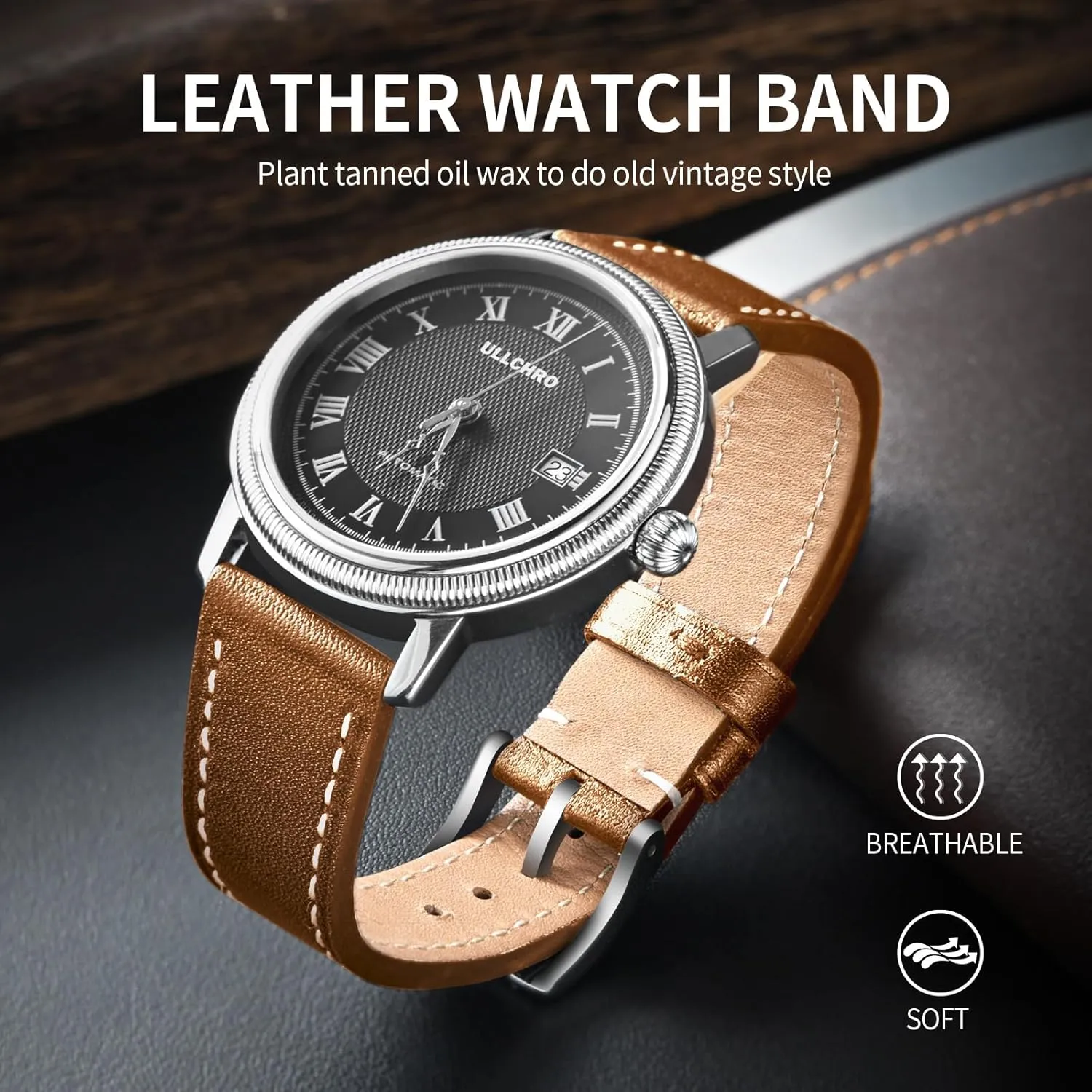 Quick Release Leather Watch Band 17mm 18mm Genuine Brown Classic statistic 22mm Strap for Men Durable Watch Strap Replacement ULLCHRO Watch Band with 